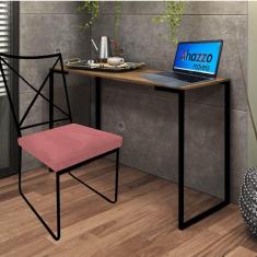 Imagem de Kit Escritório Clark Cadeira e Mesa Industrial Ferro Preto Tampo MDF Castanho Suede Rose Gold - Ahz Móveis