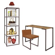 Imagem de Kit Escritório Ravi 1 Cadeira Suede Terracota com 1 Mesa e 1 Livreiro Ferro Marrom MDF Rústico - Ahazzo Móveis