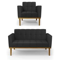 Imagem de Sofá Namoradeira E Poltrona Base De Madeira Castanho Elisa Corino Preto D03 - D`rossi
