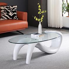 Imagem de Mesa de centro de vidro oval, mesa de centro moderna de meados do século para sala de estar, mesa de centro abstrata de vidro transparente, mesa de centro contemporânea para escritório doméstico