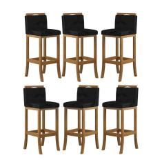 Imagem de Kit 6 Banquetas Alta Encosto Estofado 38x102 Cm Turim Madeira Maciça Amêndoa Suede Preto CCS