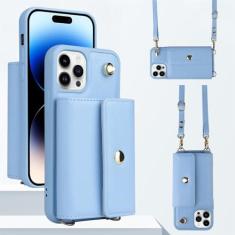 Imagem de Capa carteira com alça de ombro para iPhone 15 Pro Max 14 13 12 11 Pro Max 15 Plus 14 Plus Capa traseira com cordão para cartão de couro, azul claro, para iPhone 11Pro Max