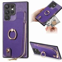 Imagem de Capa de couro com suporte de anel de carteira para cartões com zíper para Samsung Galaxy A54 A34 A14 A53 A12 A23 5G S23 Ultra S22 S21 Plus Capa de bolsa, roxa, para Galaxy S21Ultra