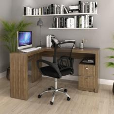 Imagem de Kit Escrivaninha em L 2 Gavetas Me4129 e Cadeira de Escritório Diretor Tela Mesh Tok 3310 Nogal