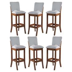 Imagem de Kit 6 Banquetas Alta Estofada Bianca 38 x 108 Cm Madeira Maciça Imbuia Linho Bege Cru L71 - RMI