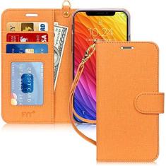 Imagem de Capa de Celular FYY Para Iphone XR, Flip, PU, Compartimento de Cartão e Suporte - Laranja
