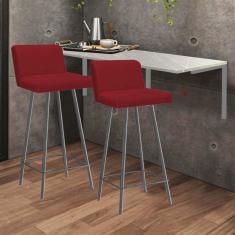 Imagem de Kit Mesa Suspensa de Parede Fixa MDF Marmorizado + 2 Banquetas Lexi Ferro Prata Sintético Vermelho - Ahazzo Móveis