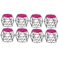 Imagem de Kit 08 Puff Banqueta Aramado Mila Base Preta Hexágono Suede Pink - DAM