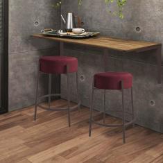 Imagem de Kit Mesa Suspensa de Parede Fixa MDF Castanho + 2 Banquetas Sintra Ferro Marrom Suede Bordô - Ahazzo Móveis