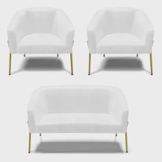 Imagem de Sofá Namoradeira e 2 Poltronas Pé de Ferro Dourado Stella Corano Branco D03 - D'Rossi