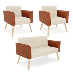 Imagem de Sofá Namoradeira E 2 Poltronas Pés Palito Natural Elisa Nozes-linho Bege A19 D03 - D'rossi