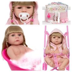 Imagem de Bebe Tipo Reborn Loira Olhos Castanhos Com Carrinho 21 Itens - Cegonha