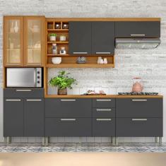 Imagem de Cozinha Completa Burguesa Premium 10 Portas 5 Gavetas com Vidro 100% Mdf Freijó/Grafite - Nesher