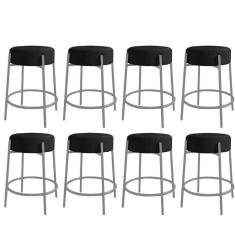 Imagem de Kit 08 Banquetas Alta Sintra 65cm Redonda Ferro Cinza Suede Preto - Ahazzo Móveis