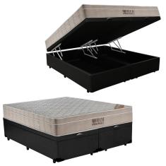 Imagem de Cama Box Baú Queen Sintético Bipartido + Colchão Ortobom Airtech Molas Ensacadas 65x158x198 Preto