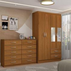 Imagem de Guarda-Roupa Solteiro Hazel 4 Portas 2 Gavetas e Espelho com Cômoda 10 Gavetas Cinamomo - Panorama Móveis