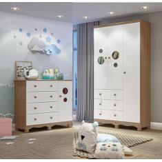 Imagem de Guarda Roupa e Cômoda Moveis Peroba Bolinha 03 portas MDF Branco carva