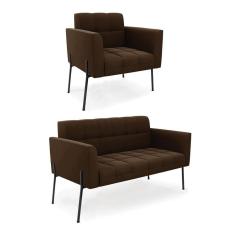 Imagem de Sofá Namoradeira E Poltrona Pé De Ferro Preto Para Sala Elisa Suede D03 - D`rossi Cor Marrom