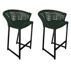 Imagem de Kit 2 Banquetas Reis Em Corda Náutica E Base Em Alumínio Preta Para área Gourmet Verde Musgo Verde