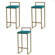 Imagem de Kit 3 Banquetas Altas Estofadas Suede Pietra Base Dourada - JOTABE, az