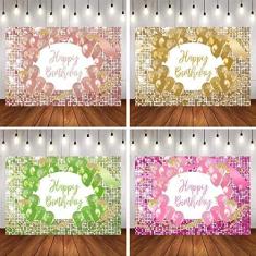 Imagem de Champanhe dourado rosa azul verde roxo pontos brilhantes balões de lantejoulas pano de fundo para festa de aniversário banner de mesa de bolo personalizado