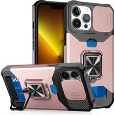 Imagem de Capa para iPhone 14 13 12 11 Pro Max XS XR 8 7 Plus Slide Titular do cartão da câmera Slot Duty Carteira Protetora com capa de suporte de anel, ouro rosa, para iPhone SE 2020