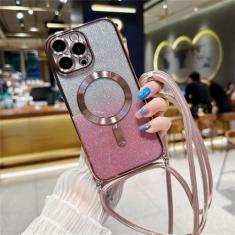 Imagem de Crossbody cordão gradiente glitter magnético caso para iphone 15 14 13 12 11 pro max plus chapeamento macio tpu capa traseira, rosa, para iphone 12 pro