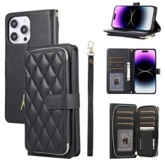 Imagem de Furiet Capa carteira para iPhone 15 Pro de 6,1 polegadas com alça de pulso destacável, bolsa com zíper com 9 compartimentos para cartões, capa de telefone com suporte de couro PU de luxo para