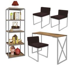 Imagem de Kit Escritório Bex 3 Cadeiras Corino Marrom com 1 Mesa e 1 Livreiro Ferro Cinza MDF Imbuia - Ahazzo Móveis