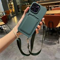 Imagem de Saco de cartão de inserção caso de telefone macio para iphone 11 13 12 14 pro max xs xr 8 7 plus se crossbody cordão corda capa, verde escuro, para 15 plus