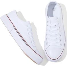 Imagem de Adokoo Tênis feminino de lona, cano baixo, casual, branco, preto, cadarço moderno e confortável, Branco, 37