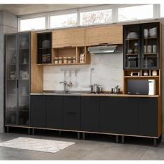 Imagem de Cozinha Modulada Toscana 6 Peças Mdf com Paneleiro 1 Forno e Cristaleira Freijó/Nero