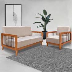 Imagem de Conjunto Sofá Namoradeira e Poltrona Sala de Estar Pés Madeira Maciça 