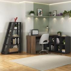 Imagem de Conjunto Home Office com Escrivaninha em L com 8 Nichos e Estante Escada Organizadora Preto com Ipê