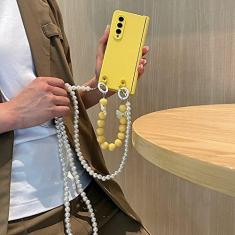 Imagem de Corrente de pérola longa crossbody portátil com contas de arco pulseira capa de telefone para Samsung Galaxy Z Fold 4 3 5G Z Fold 5 capa protetora, amarela, para Z Fold 3
