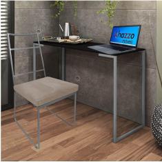 Imagem de Kit Escritório Stark Cadeira e Mesa Industrial Ferro Cinza Tampo MDF Imbuia Suede Bege - Ahz Móveis