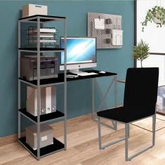 Imagem de Kit Escritório Mesa Max BeX 5 Prateleiras e Cadeira Stan Prata Tampo Preto Sintético Prata - Ahz Móveis