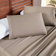 Imagem de Jogo De Lençol Aria Queen 4 Peças Micropercal 200 Fios Suave Detalhe Bordado - Taupe Bege