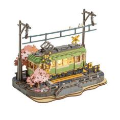Imagem de Quebra-cabeças 3D robotime Sakura Journey Tram com luz LED de madeira