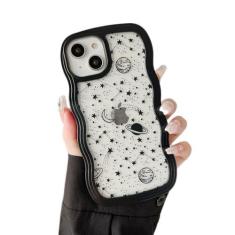 Imagem de ZTOFERA Capa para iPhone 14 Plus/15 Plus de 6,7 polegadas, linda capa em forma de moldura ondulada encaracolada com padrão espacial de estrelas, transparente, fina, à prova de choque, capa de telefone
