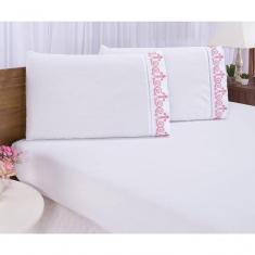 Imagem de Jogo Lençol Quarto Casal Padrão Bordado 3 Peças Branco Rose