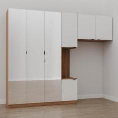 Imagem de Guarda Roupa Modulado de Solteiro com Espelho e Mesa de Cabeceira Esquerda 7 Portas 3 Peças Hera Cab Louro/branco Geada/preto