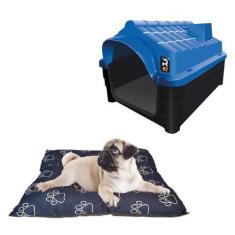 Imagem de Casa Cachorro Gato N2 Porte Pequeno Azul + Cama Pet Caminha - Mecpet