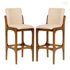 Imagem de Kit 2 Banquetas para Cozinha Americana Lisboa Madeira Imbuia Linho Bege M58 RMI