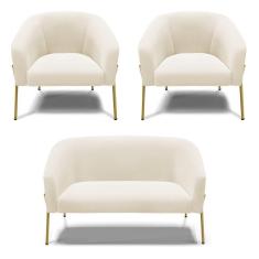 Imagem de Sofá Namoradeira E 2 Poltronas Pé De Ferro Dourado Stella Veludo D03 - D'rossi Cor Bege