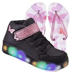 Imagem de Tenis Feminino Botinha De Led Calce Facil Borboleta Glitter Brilho + Chinelo