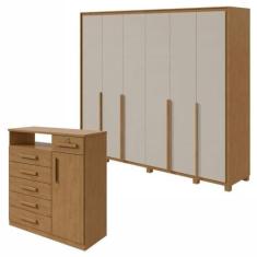 Imagem de Conjunto de Guarda-roupa 6 Portas com Pés Imperatore com Cômoda Da Vinchi Amêndoa Clean/off White