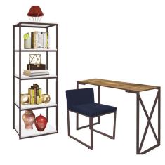 Imagem de Kit Escritório Bex 1 Cadeira Suede Azul Marinho com 1 Mesa e 1 Livreiro Ferro Marrom MDF Caramelo - Ahazzo Móveis