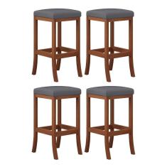 Imagem de Kit 4 Banquetas Média Estofada para Blcão Barcelona Madeira Castanho Suede CCS