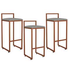 Imagem de Kit 03 Banquetas Alta Para Cozinha Sala de Jantar Hanna L02 Bronze Linho Cinza Escuro - Lyam Decor